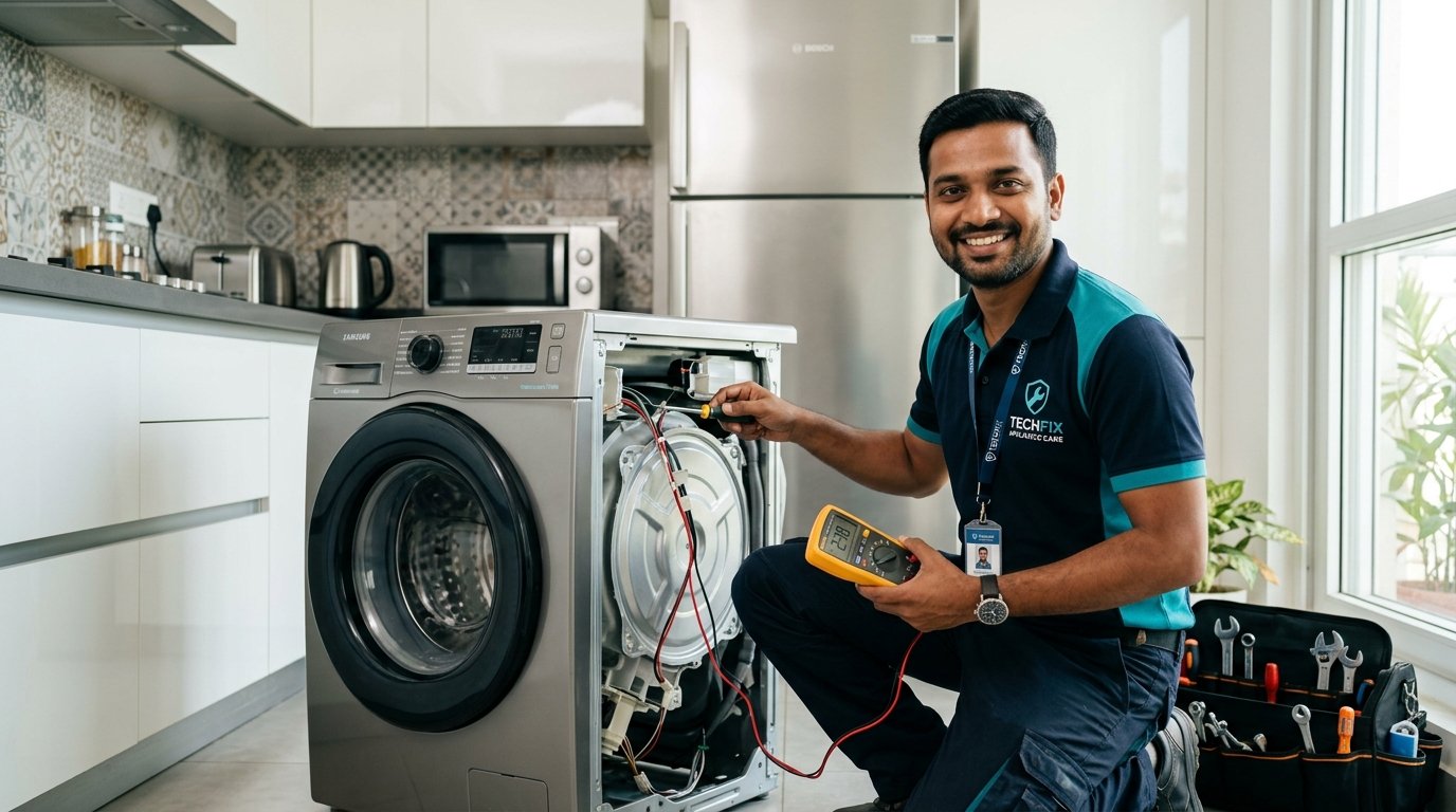 Certified HomeTech Care technician repairing washing machine in Bangalore