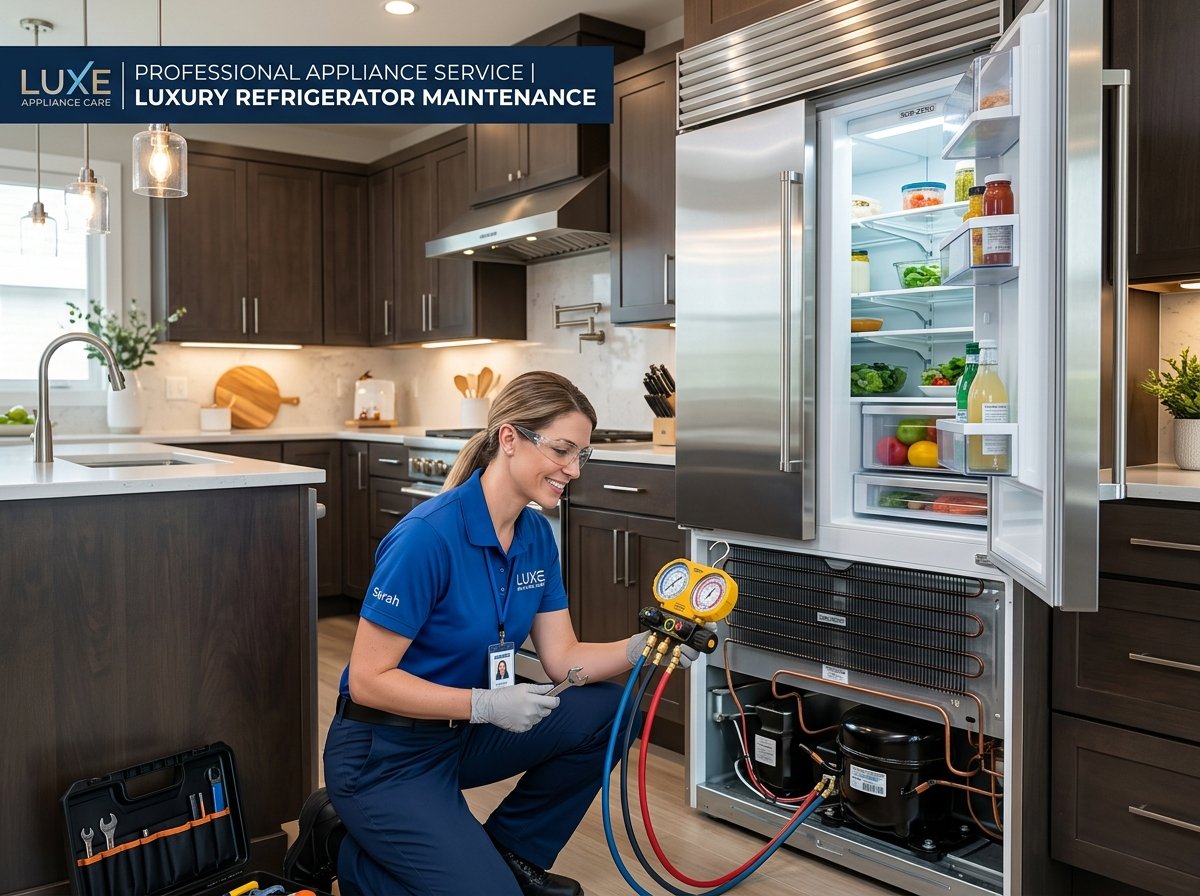 Fridge repair specialist checking gas pressure and compressor